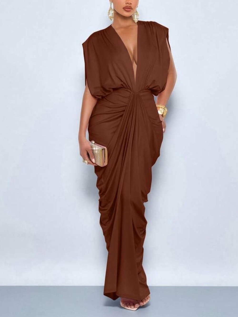 Elegant Coffee Brown Draped V-Neck Evening Dress